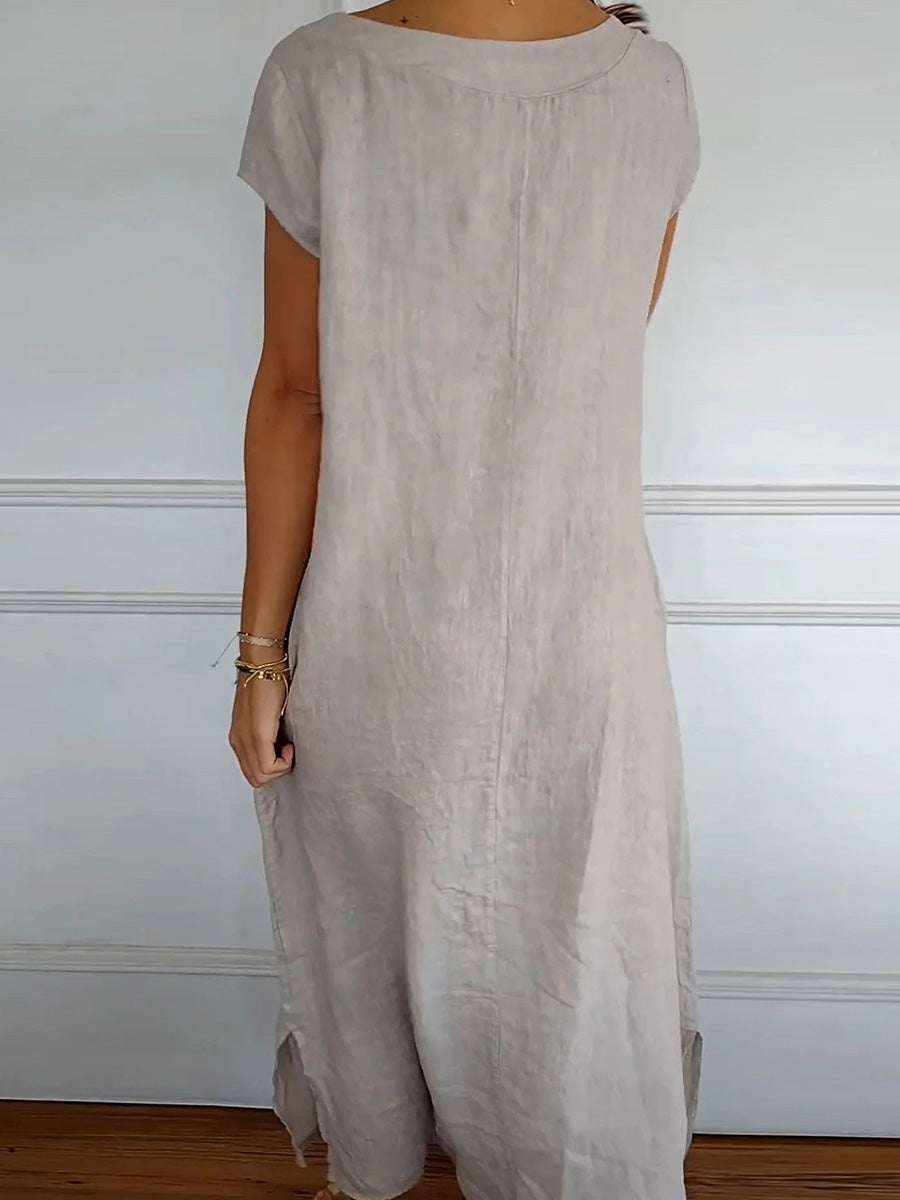 Robe unie à col rond, manches courtes et poches