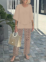 Ensemble deux pièces kaki élégant à col rond et manches 3/4