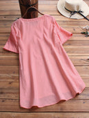 Bohemian Embroideried Short Sleeve Button Casual Blouse