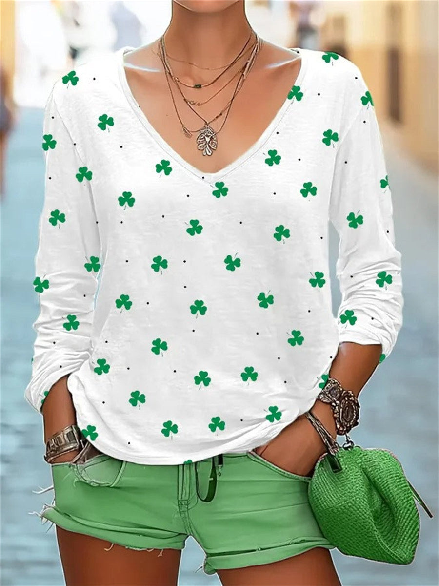 Shamrock Print V-neck Long Sleeve T-Shirt