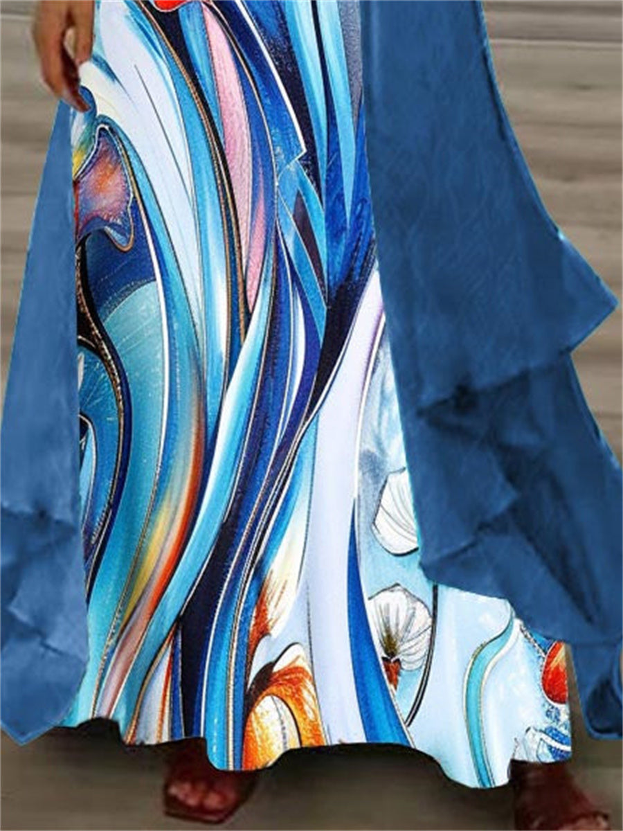 Robe longue deux pièces à manches longues et col en V pour femme, imprimée graphique