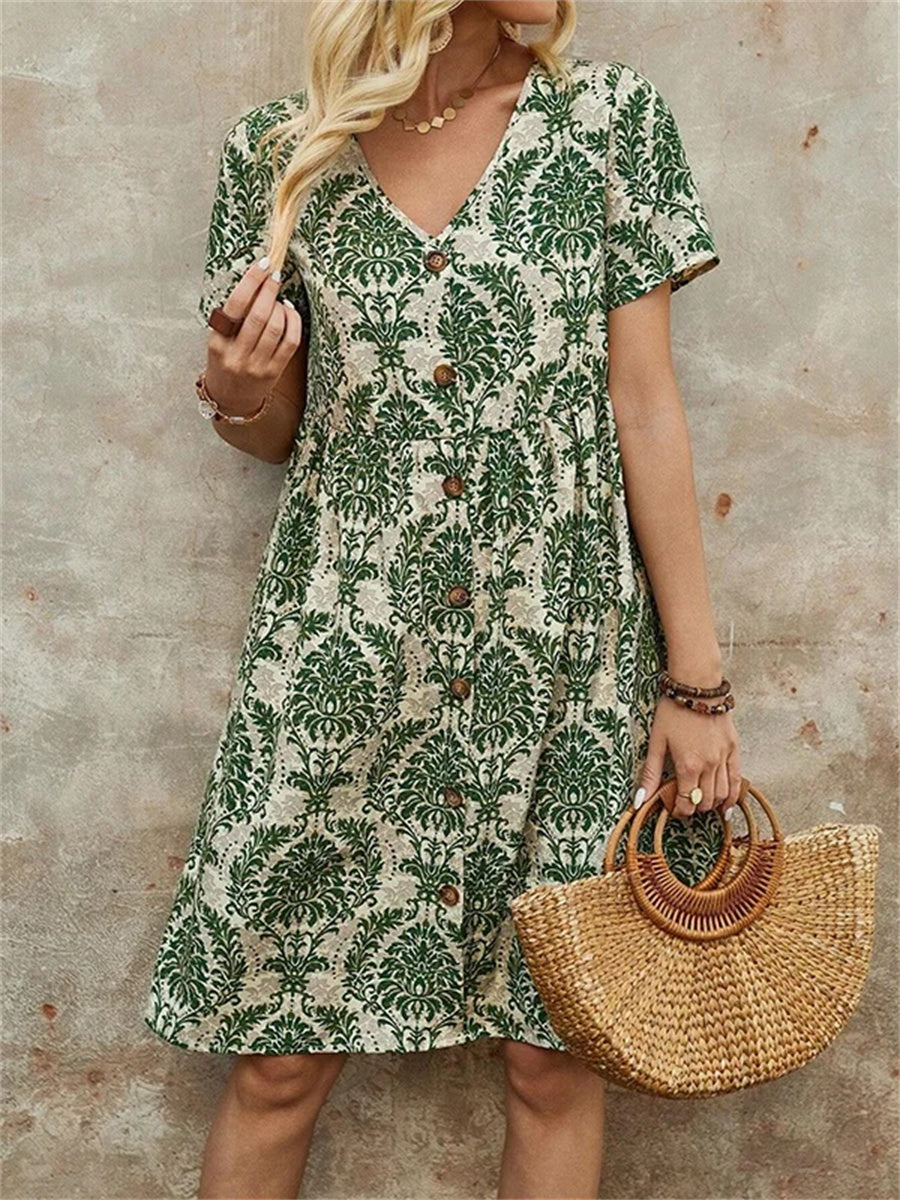 A-Linien-Minikleid mit hoher Taille, Knöpfen, Falten, Print, V-Ausschnitt und Schlitz