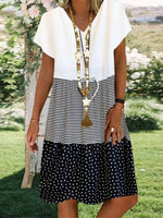 Robe courte décontractée à rayures et pois, col en V, manches courtes, longueur genou