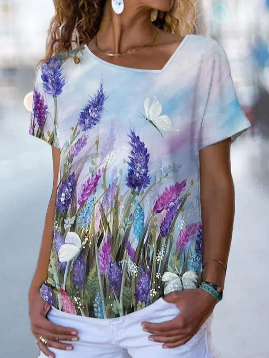 Flower Print Asymmetric V-neck Short Sleeve T-shirt