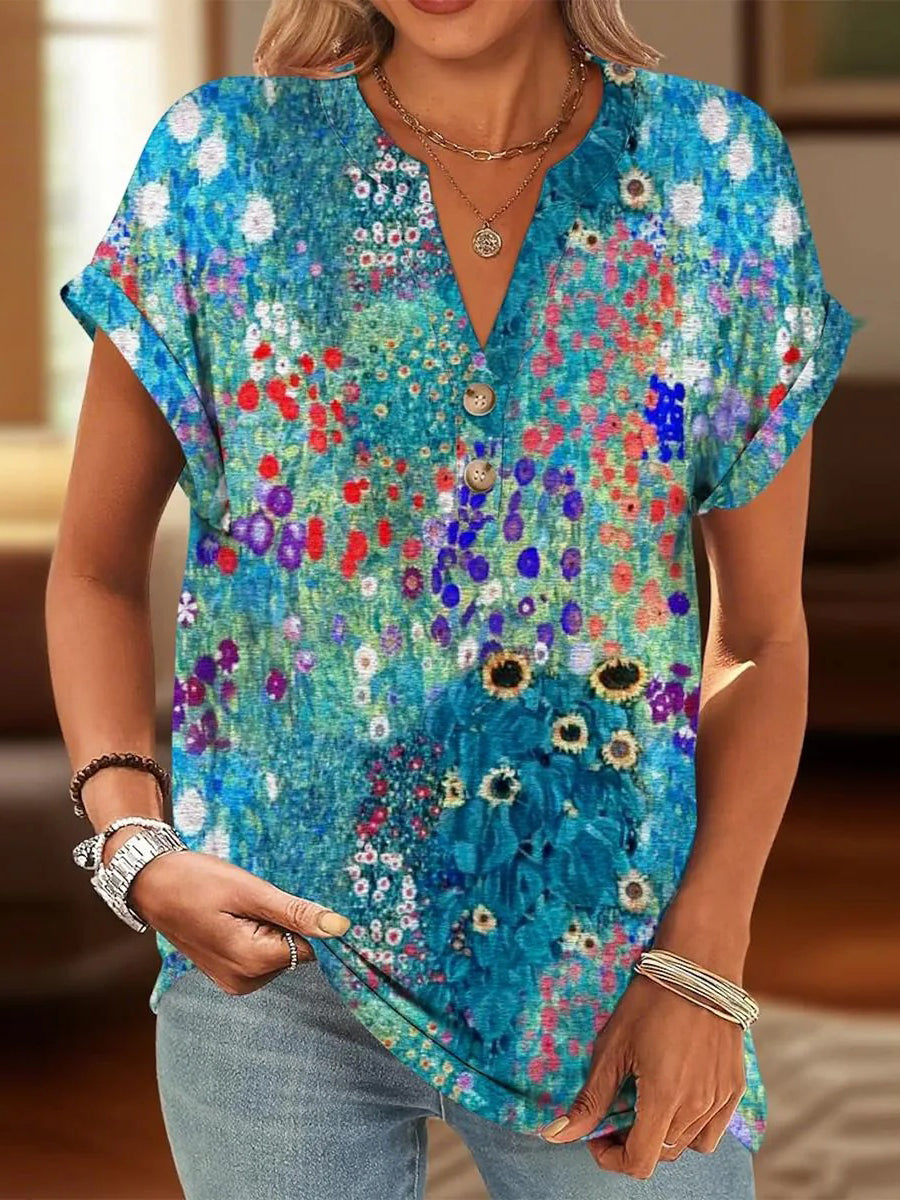 Dreamy Floral Print V-neck Short Sleeve Top