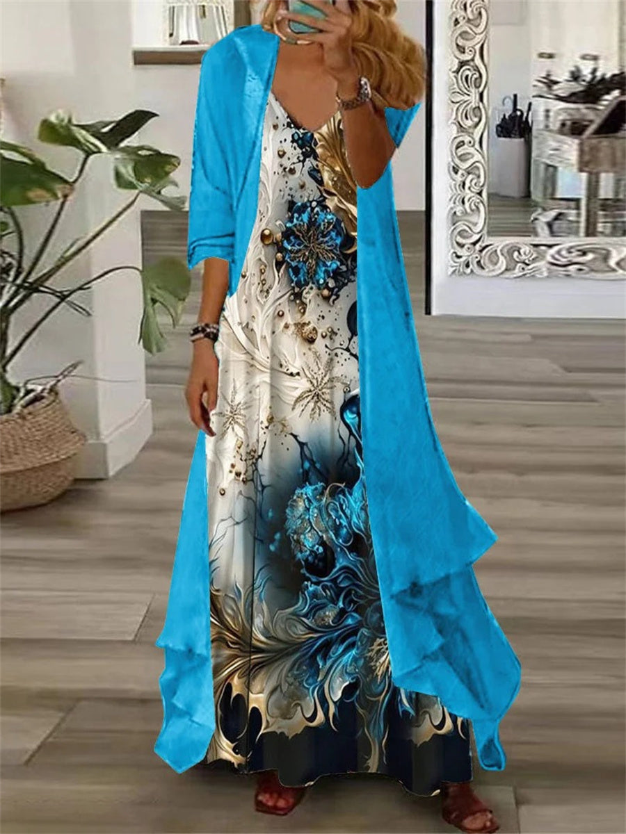 Floral Half Sleeve V-Neck Two Pieces Maxi Dress