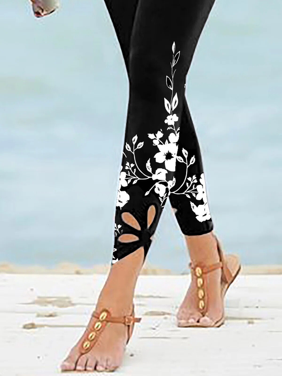 Women’s Floral Print Cut-Out Hem Leggings