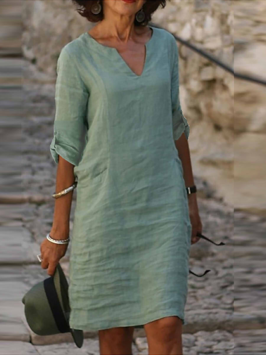 Lässiges Midi-Hemdkleid mit V-Ausschnitt und halben Ärmeln
