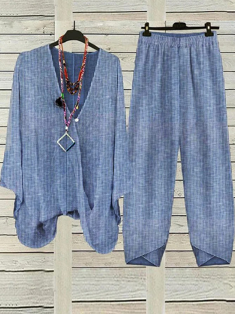Ensemble deux pièces décontracté à rayures, col en V et manches longues