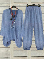 Ensemble deux pièces décontracté à rayures, col en V et manches longues