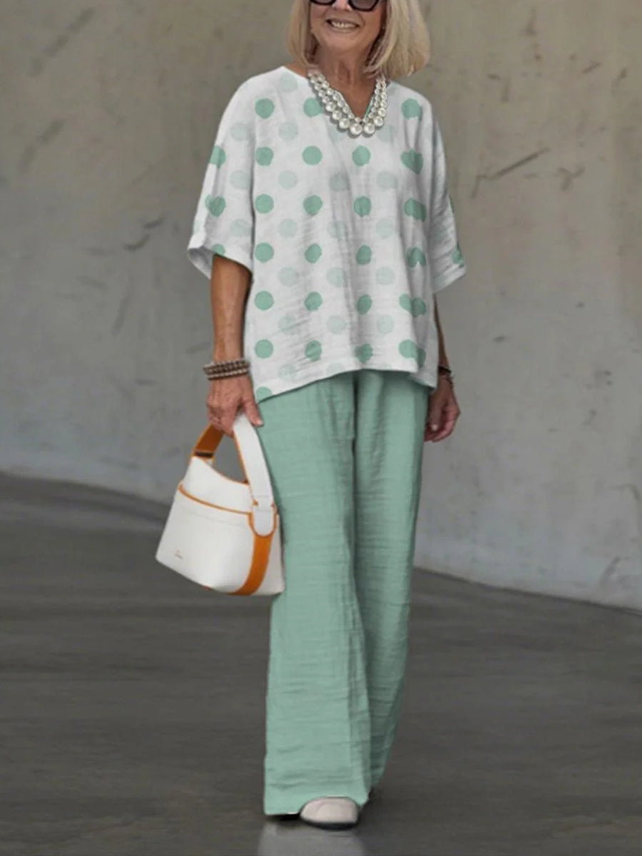 Modernes zweiteiliges Set mit V-Ausschnitt und Polka-Dot-Muster