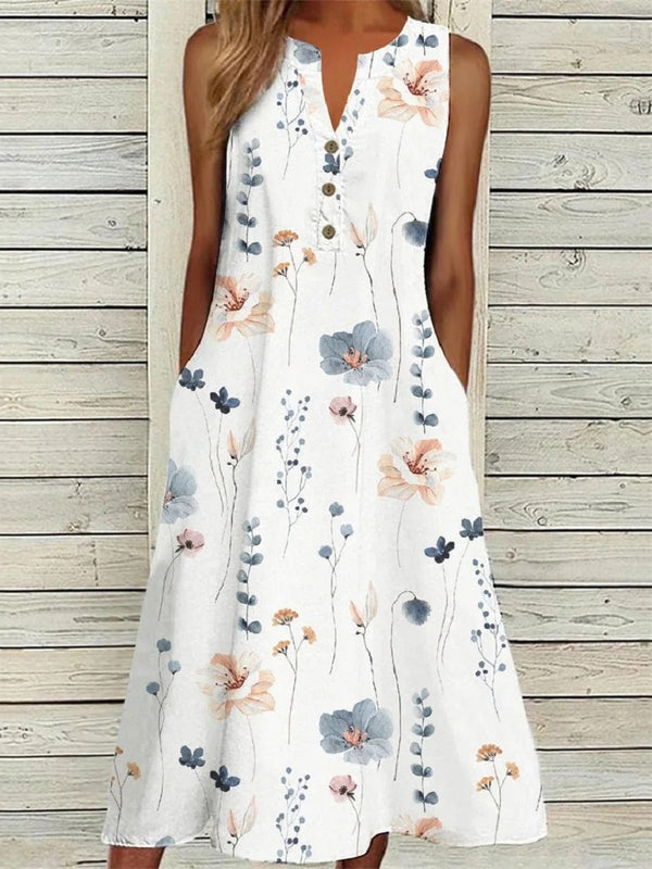 Women’s Sleeveless Floral Button-Front Casual A-Line Midi Dress
