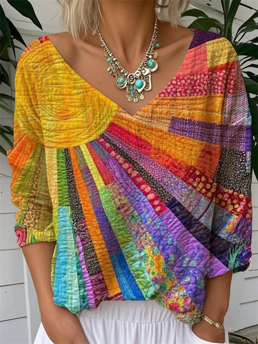 Lässiges, bedrucktes Langarm-T-Shirt mit V-Ausschnitt und lockerer Passform