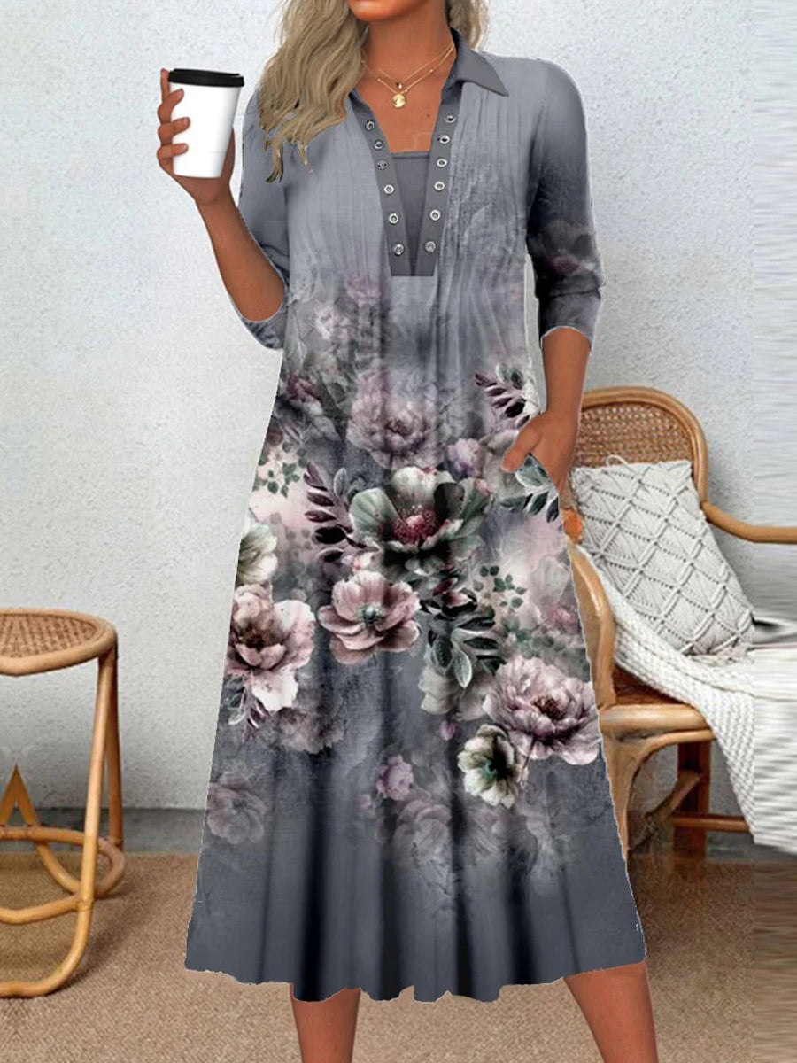 Robe midi à manches longues et col rond pour femme, imprimée de fleurs graphiques