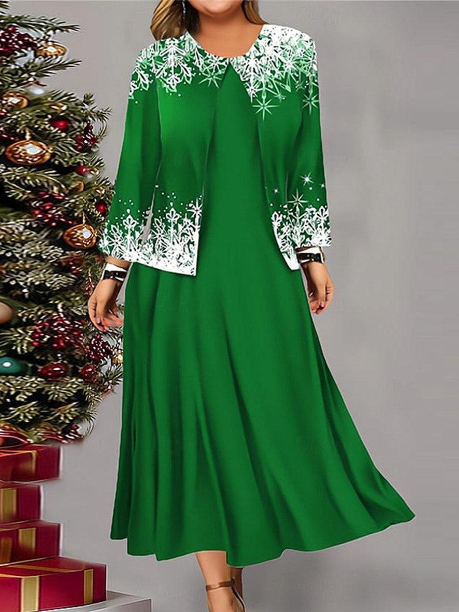 Robe deux pièces à manches longues et col rond imprimé flocons de neige