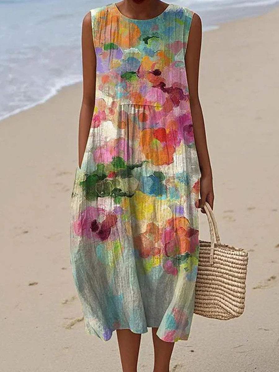 Vintage Colourful Round Neck Sleeveless Dress