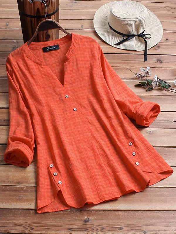 Vintage Plaid Side Button V-neck Long Sleeve Blouse