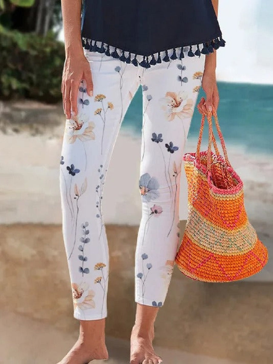 Leggings de vacances blancs décontractés à imprimé floral