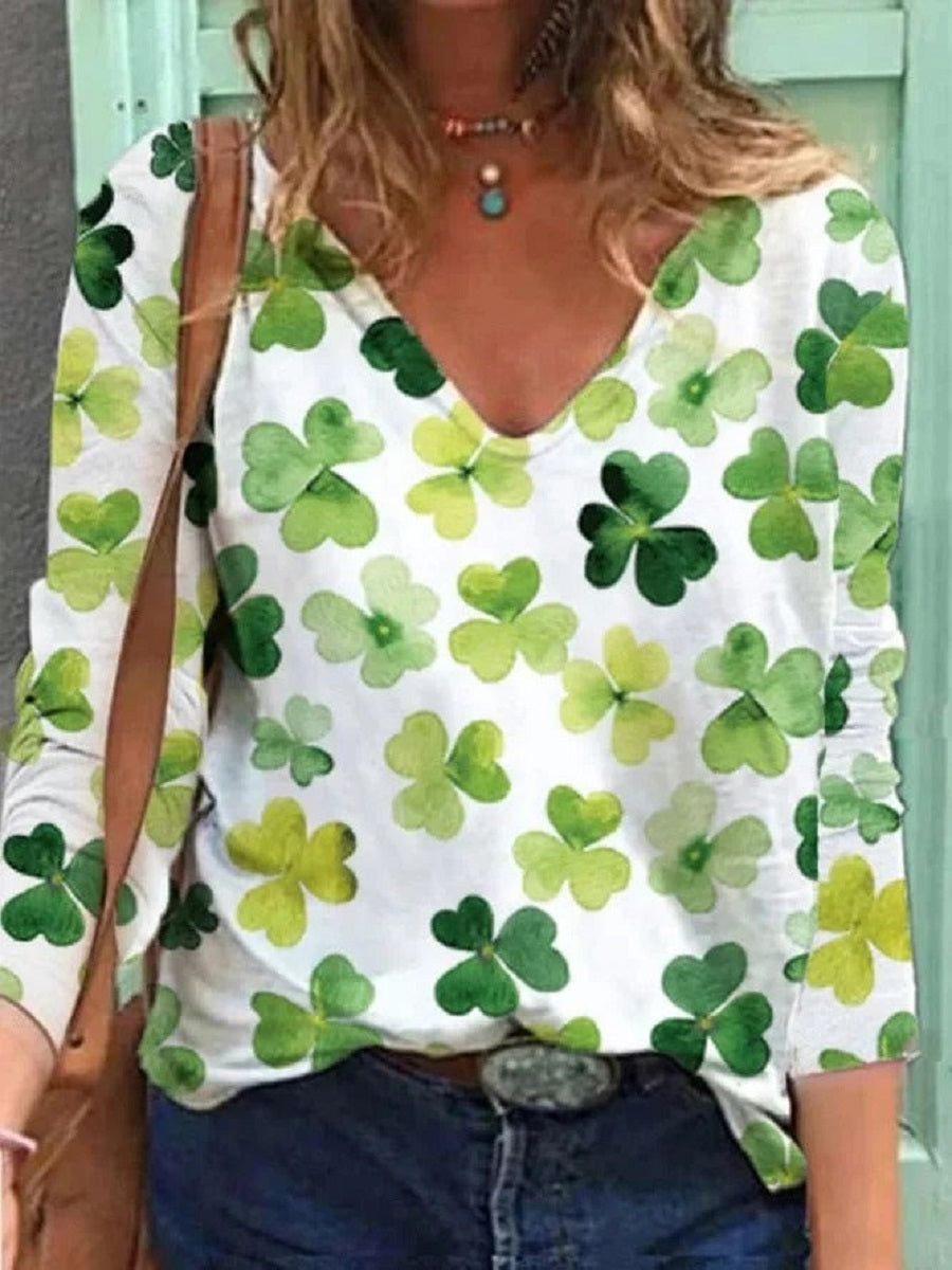 Green Casual V Neck Printed Long Sleeve Blouse