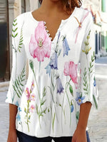 Crew Neck Half Sleeve Floral Buckle Regular Loose Blouse