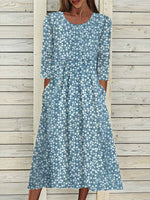 Loose Casual Disty Floral Crew Neck Long Sleeve Maxi Dress