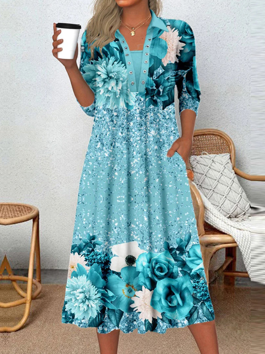 Robe midi à manches longues et col rond pour femme, imprimée de fleurs graphiques