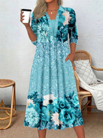 Robe midi à manches longues et col rond pour femme, imprimée de fleurs graphiques