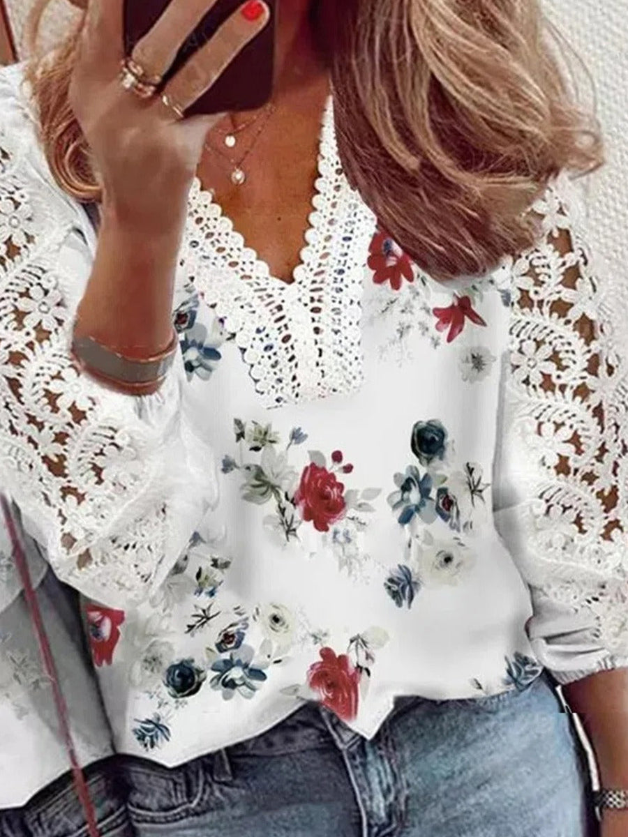 Floral Print V-neck Lace Casual Long Sleeve White Blouse