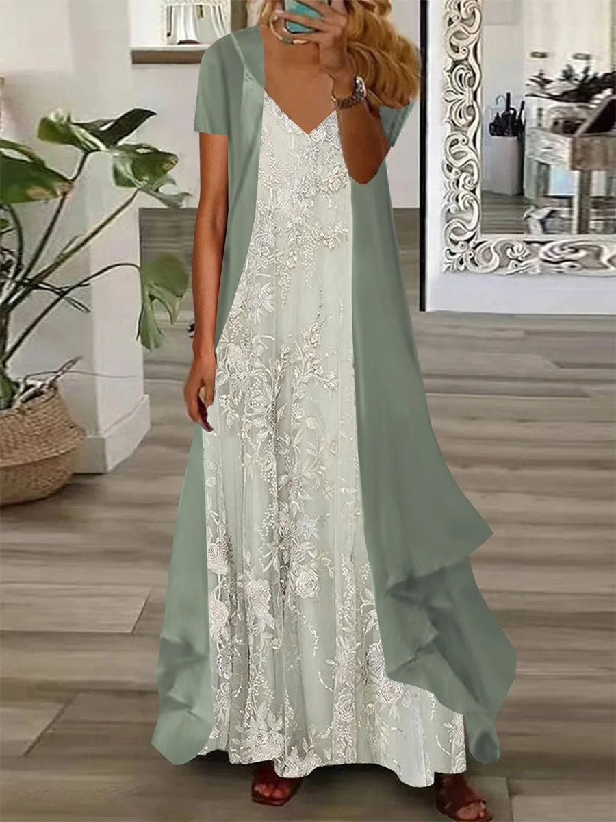 Robe deux-pièces décontractée à col en V et imprimé floral, manches courtes et ample