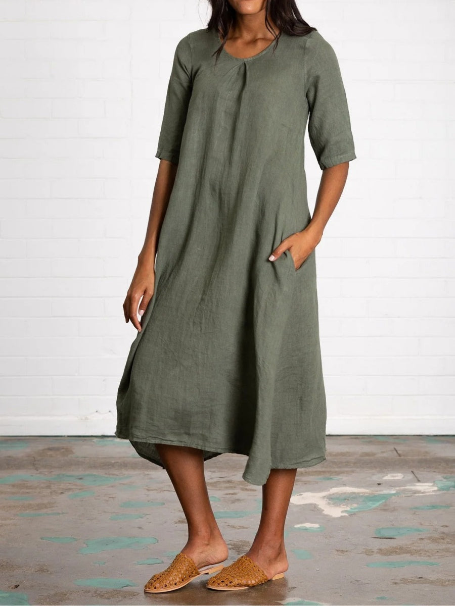 Robe midi en lin à col en V et poches pour femme