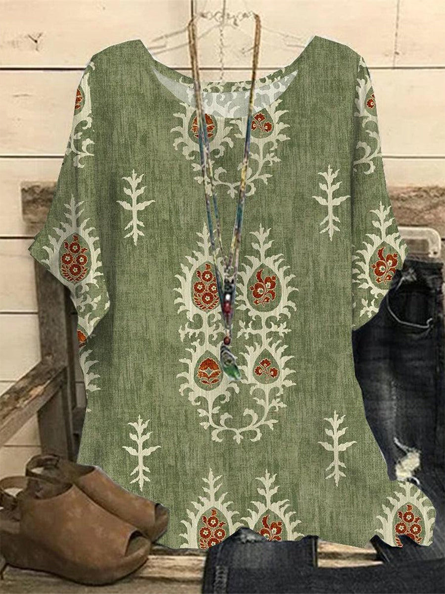 Green Crew Neck Ethnic Regular Loose Blouse