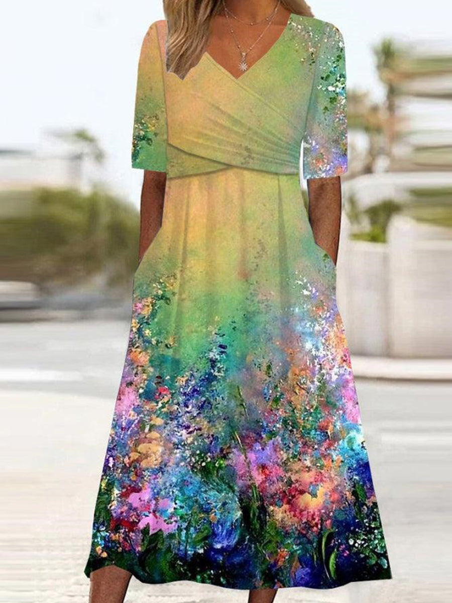 Green Side Pocket V-neck Short Sleeve Midi Dress