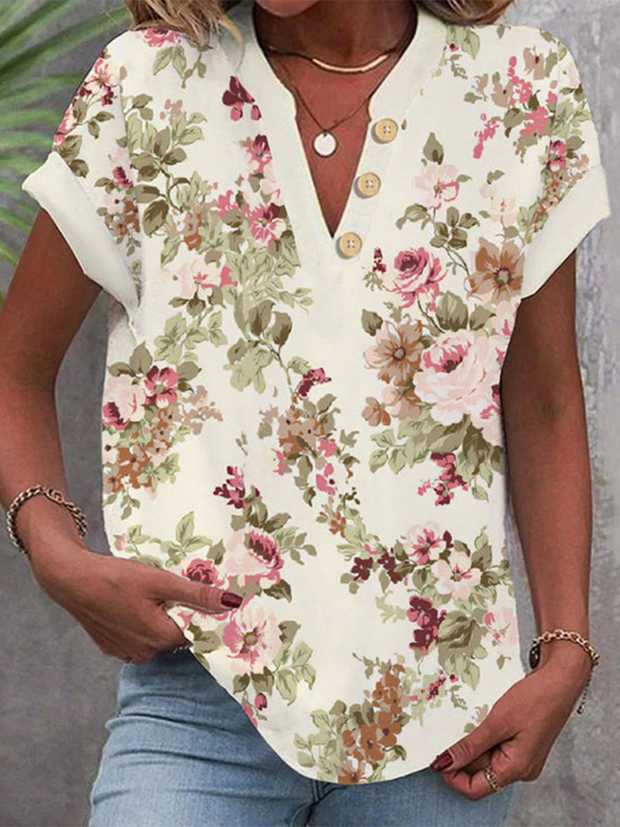 Floral V Neck Buttoned Short Sleeve Blouse
