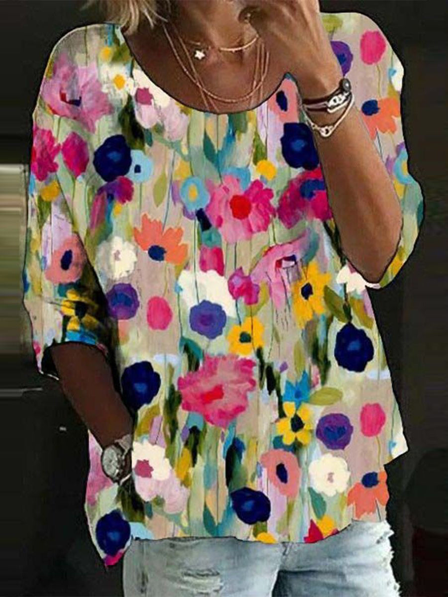 Showy Floral Print Round Neck Top