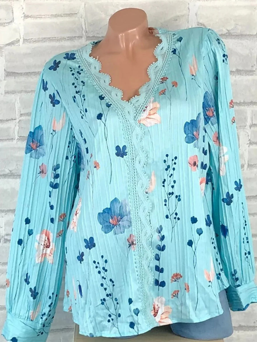 Blue Floral Print V-neck Long Sleeve Top
