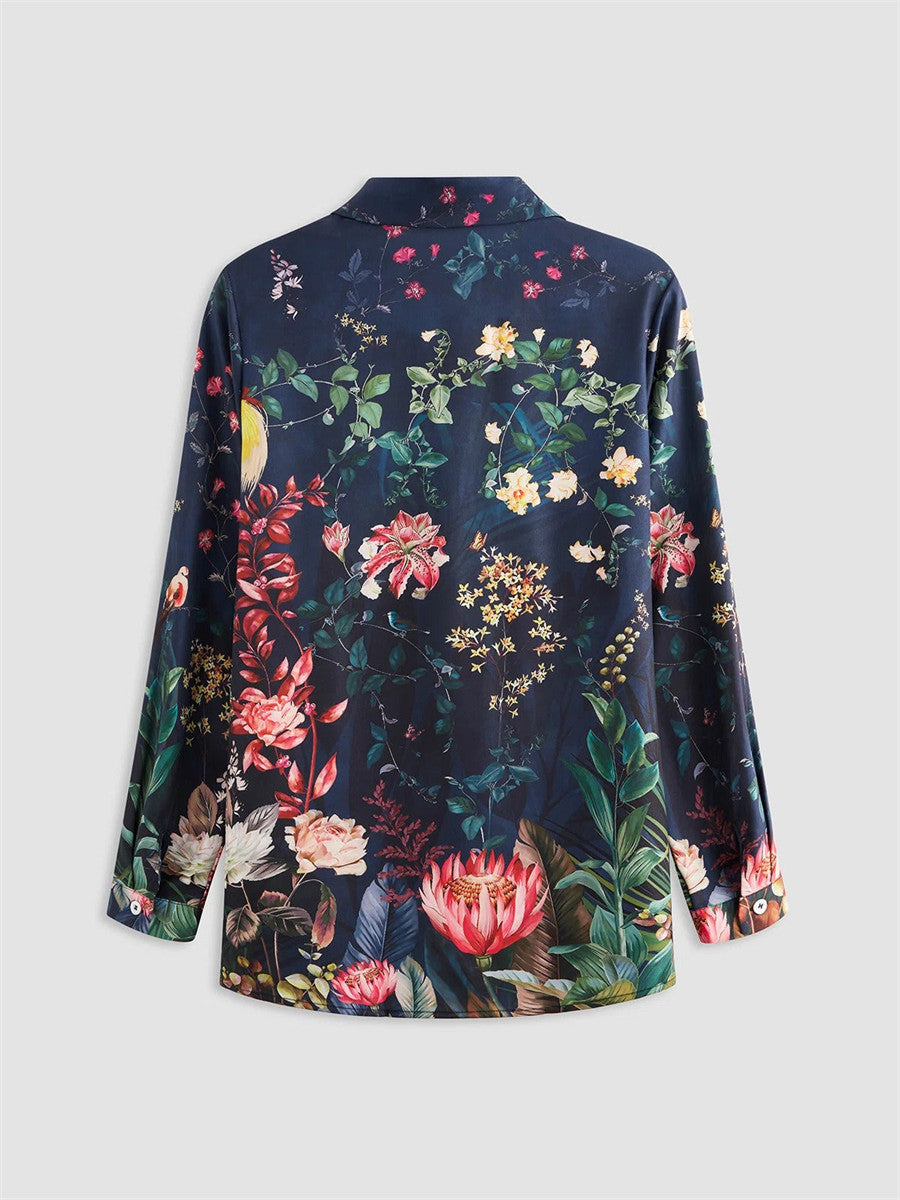 Floral Print Collared Long Sleeve Blouse