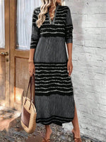 Robe rétro élégante à rayures et empiècements, manches longues fendues