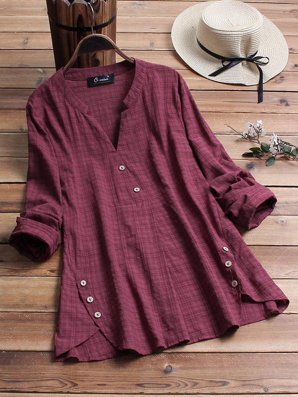 Vintage Plaid Side Button V-neck Long Sleeve Blouse