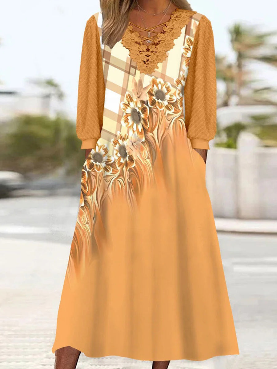 Robe midi à manches longues et col en V pour femme, imprimée de fleurs et ornée de dentelle.