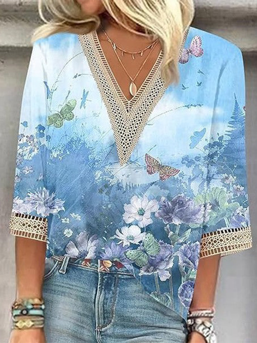 Chemisier romantique en dentelle imprimée à manches 3/4