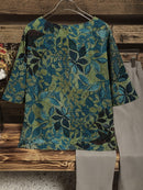 Women’s Vintage Leaf Print Half Sleeve Loose Fit Casual Blouse