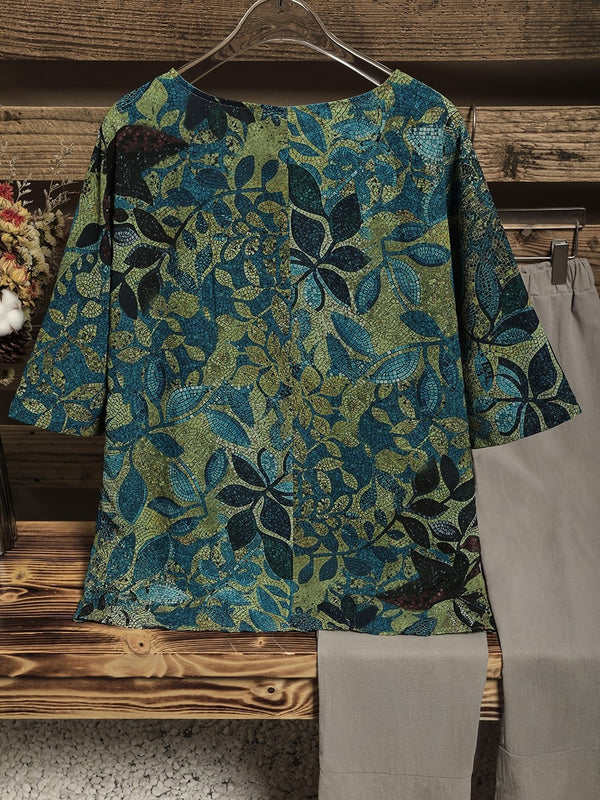 Women’s Vintage Leaf Print Half Sleeve Loose Fit Casual Blouse