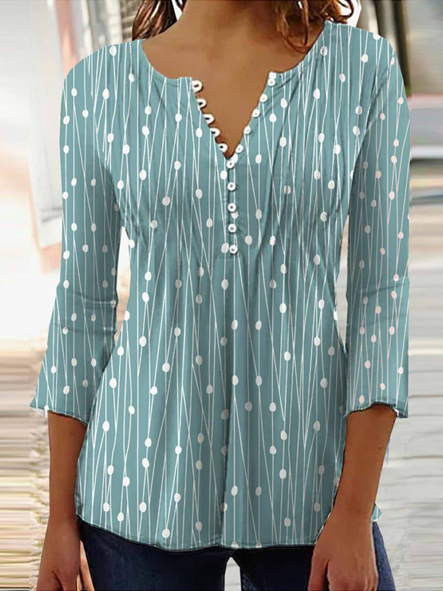 Lässiges Top mit V-Ausschnitt, 3/4-Ärmeln, Polka Dots und Streifen