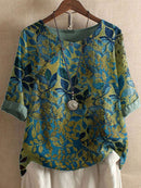 Women’s Vintage Leaf Print Half Sleeve Loose Fit Casual Blouse