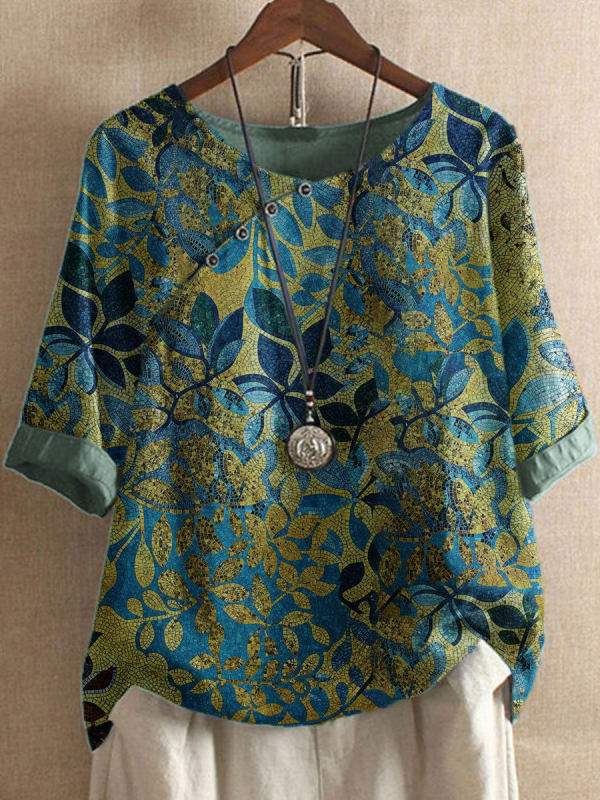 Women’s Vintage Leaf Print Half Sleeve Loose Fit Casual Blouse