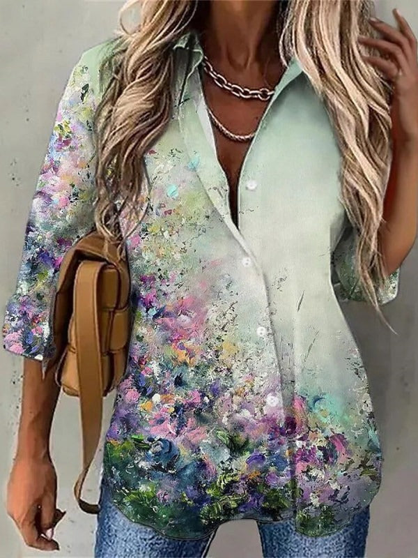 Green Casual Graphic Tops Lapel Long Sleeve Floral Printed with Buttons Blouse