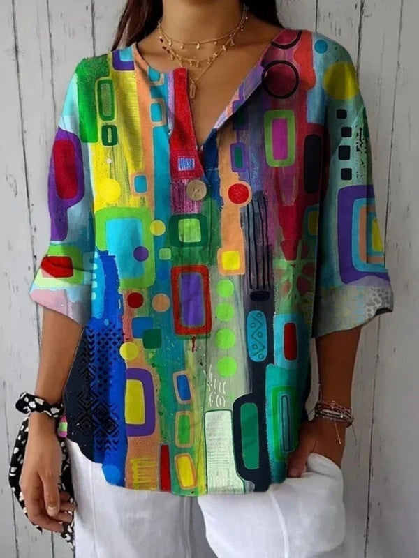 Women’s Colorful Geometric Print Long Sleeve Casual Blouse