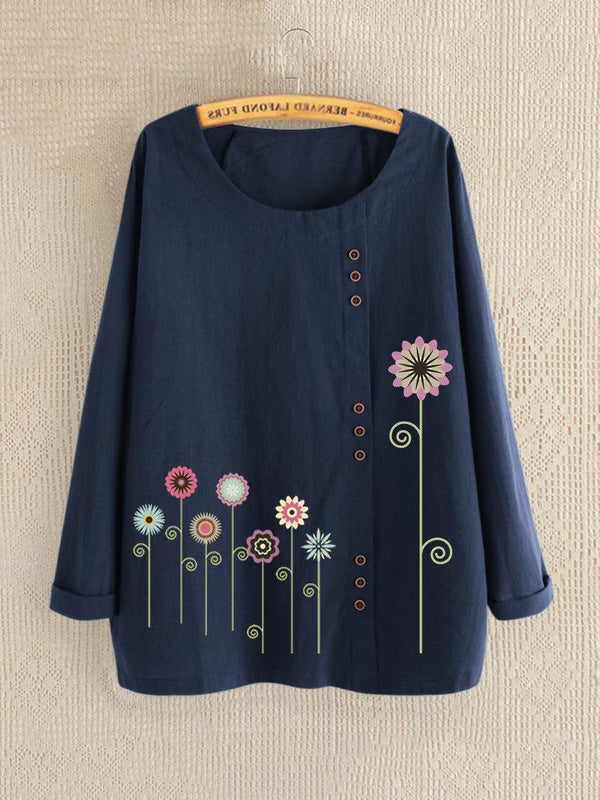 Casual Print Floral Crew Neck Long Sleeve Blouse