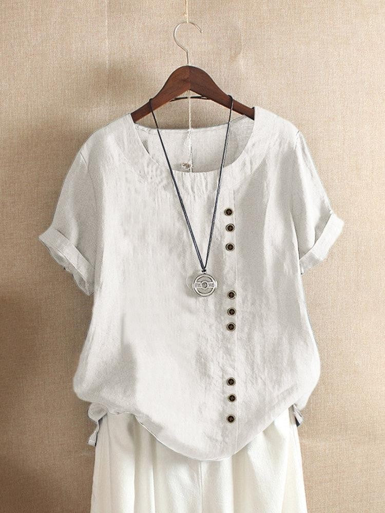 Women’s Casual Loose-Fit Cotton Short Sleeve Blouse with Side Buttons
