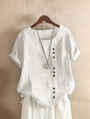 Women’s Casual Loose-Fit Cotton Short Sleeve Blouse with Side Buttons